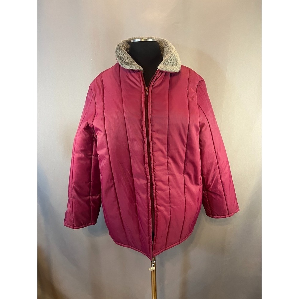 Vintage Haband For Her Burgundy Quilted Puffer Coat Faux Sherpa Collar Womens 20